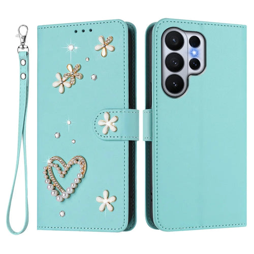 For Samsung Galaxy S26 Ultra Case Pearls Heart Diamond Flower Decor Leather Wallet Phone Cover with Wrist Strap - Mint Green - 1