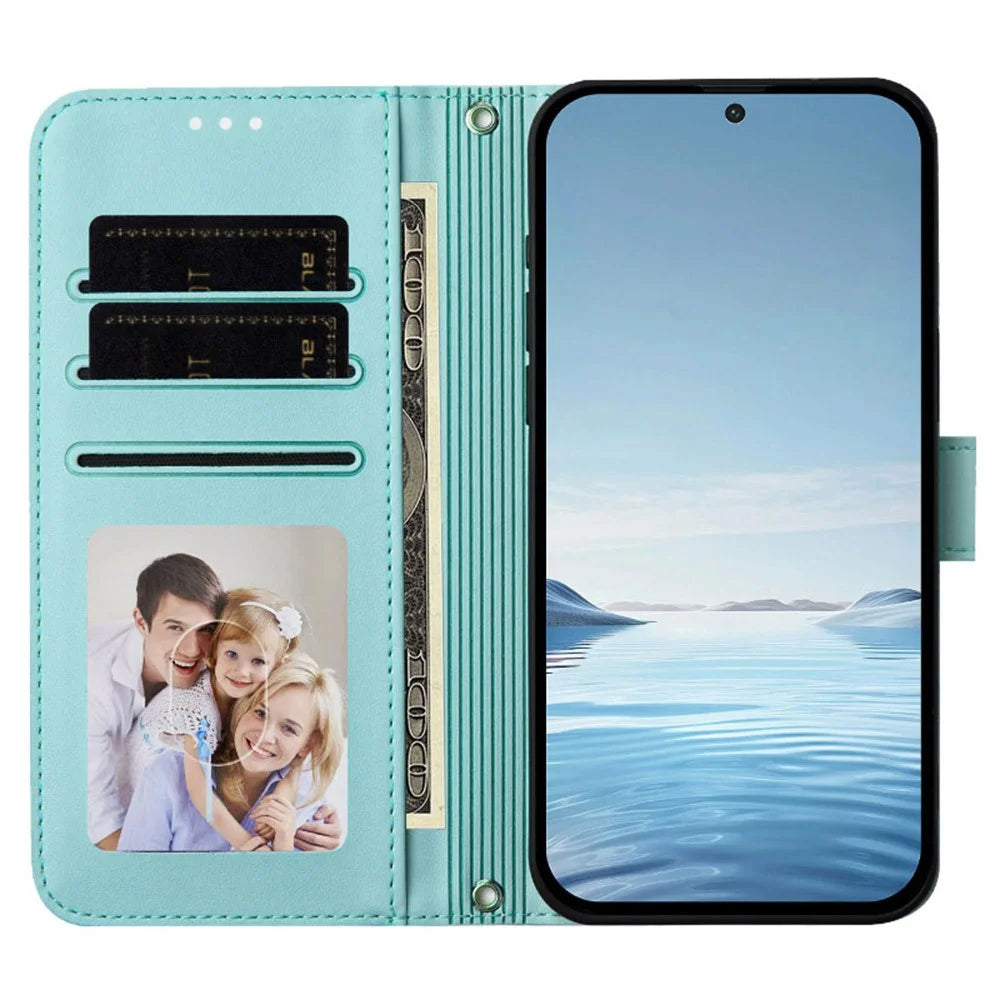 For Samsung Galaxy S26 Ultra Case Pearls Heart Diamond Flower Decor Leather Wallet Phone Cover with Wrist Strap - Mint Green - 2
