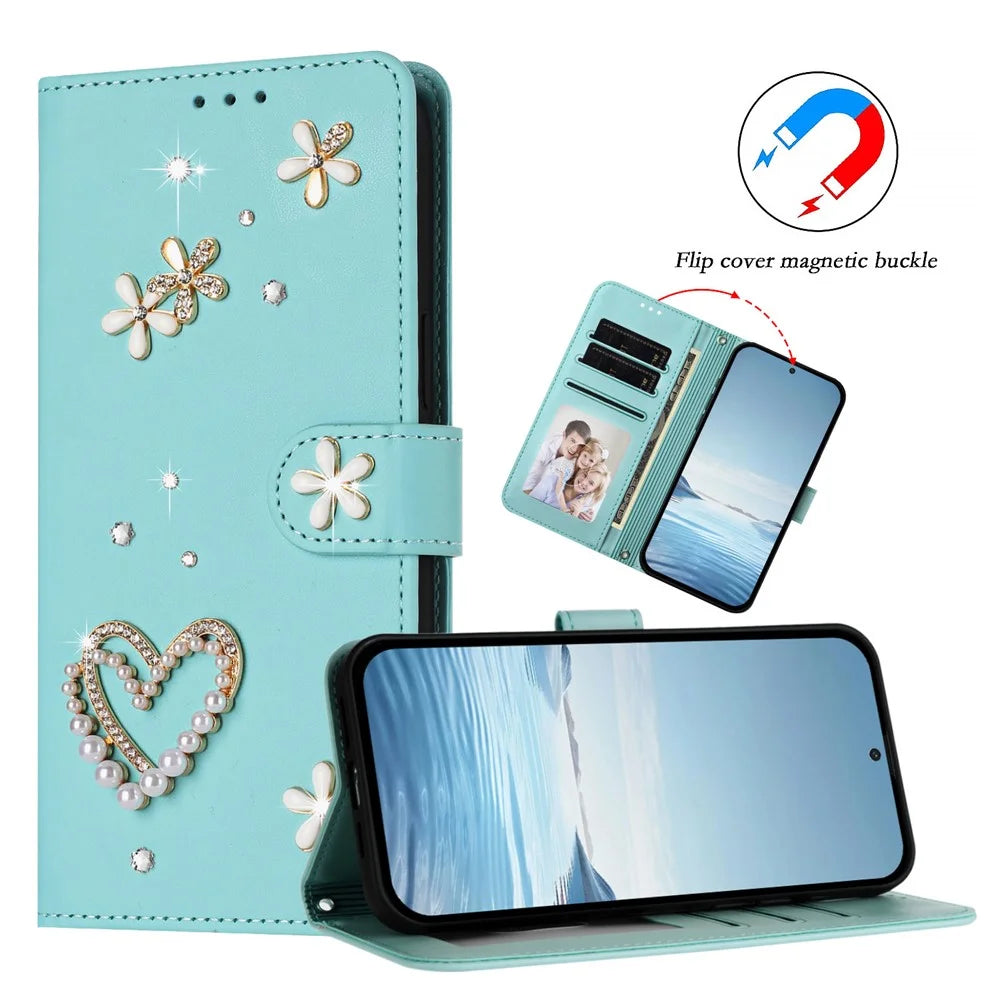For Samsung Galaxy S26 Ultra Case Pearls Heart Diamond Flower Decor Leather Wallet Phone Cover with Wrist Strap - Mint Green - 4