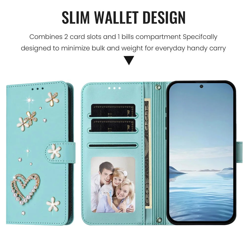 For Samsung Galaxy S26 Ultra Case Pearls Heart Diamond Flower Decor Leather Wallet Phone Cover with Wrist Strap - Mint Green - 5
