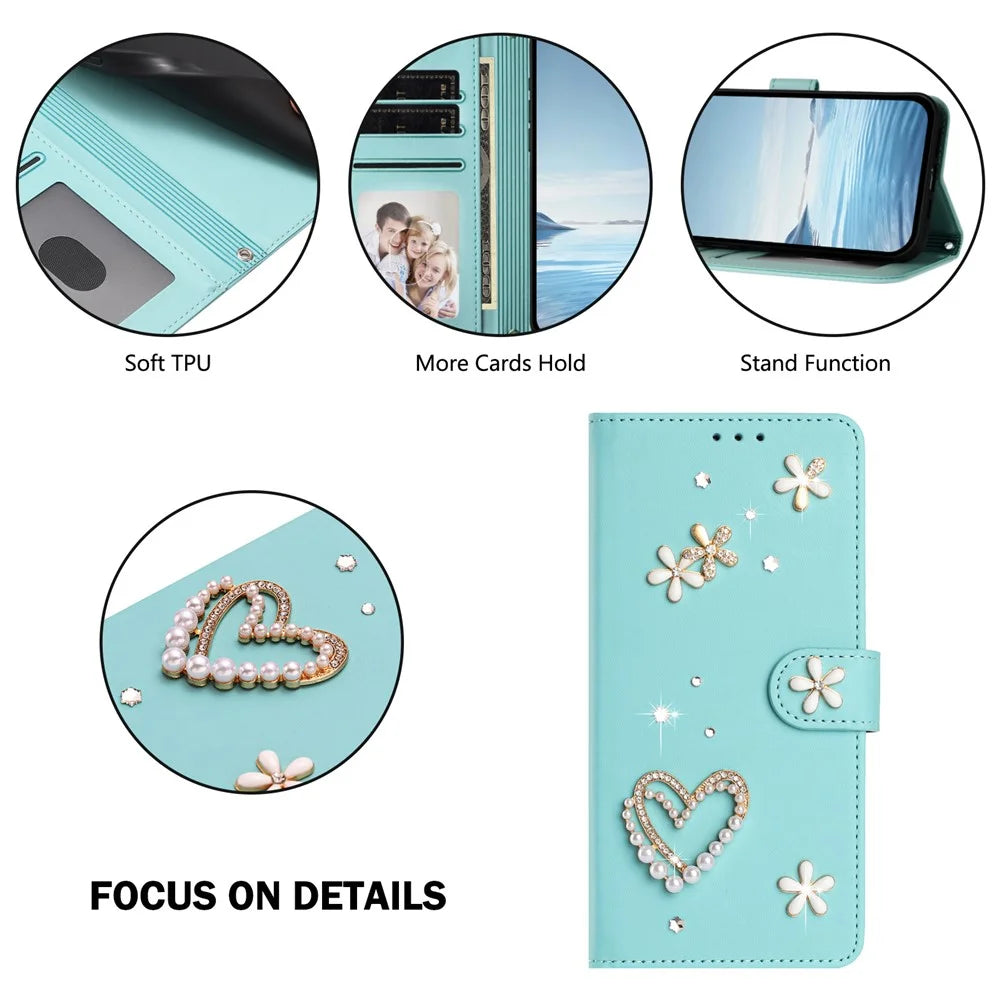 For Samsung Galaxy S26 Ultra Case Pearls Heart Diamond Flower Decor Leather Wallet Phone Cover with Wrist Strap - Mint Green - 6