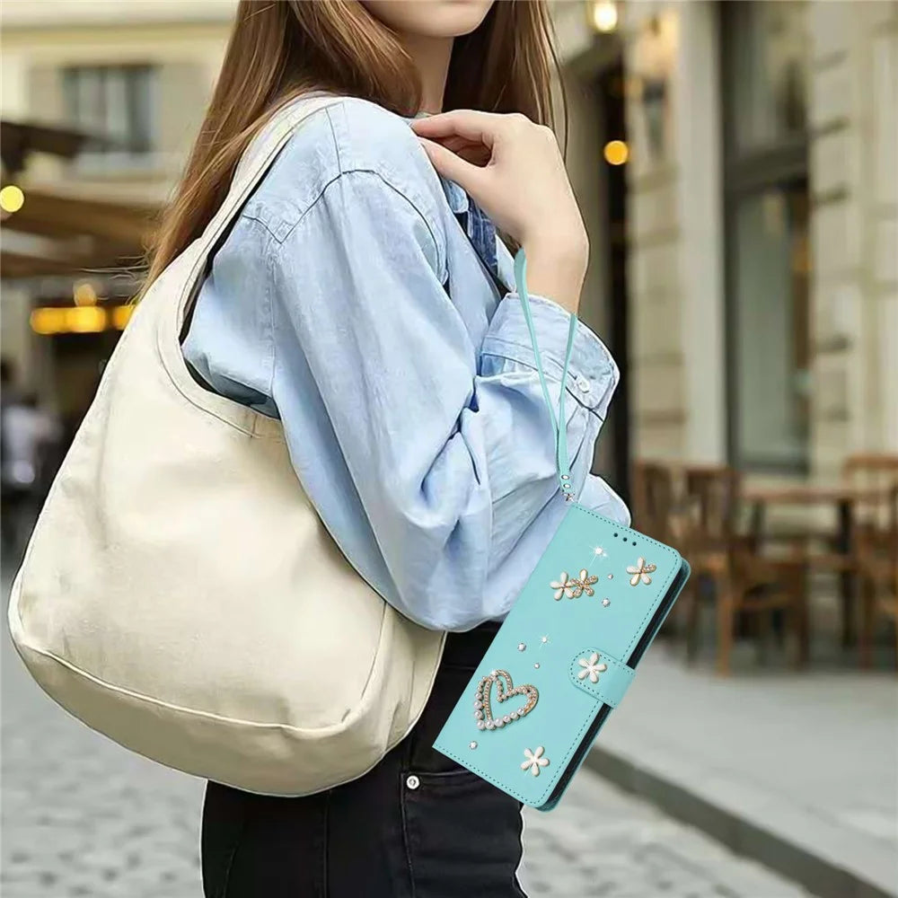 For Samsung Galaxy S26 Ultra Case Pearls Heart Diamond Flower Decor Leather Wallet Phone Cover with Wrist Strap - Mint Green - 7