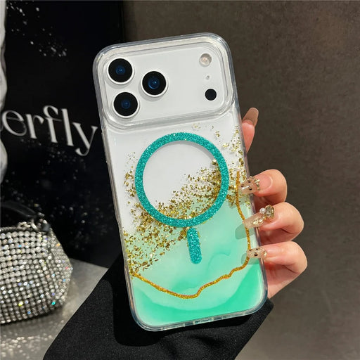 For iPhone 17 Pro Magnetic Case Compatible with MagSafe Gold Foil Glitter 2.5mm Epoxy TPU Phone Cover - Green - 1