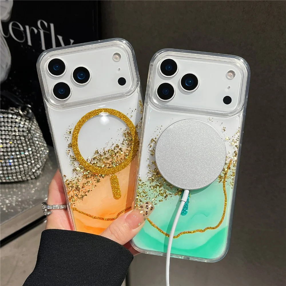 For iPhone 17 Pro Max Magnetic Case Compatible with MagSafe Gold Foil Glitter 2.5mm Epoxy TPU Phone Cover - Green - 2