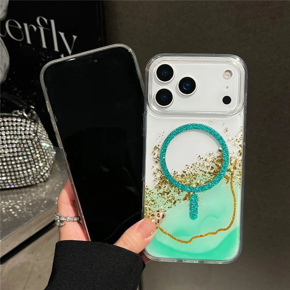 For iPhone 17 Pro Max Magnetic Case Compatible with MagSafe Gold Foil Glitter 2.5mm Epoxy TPU Phone Cover - Green - 3