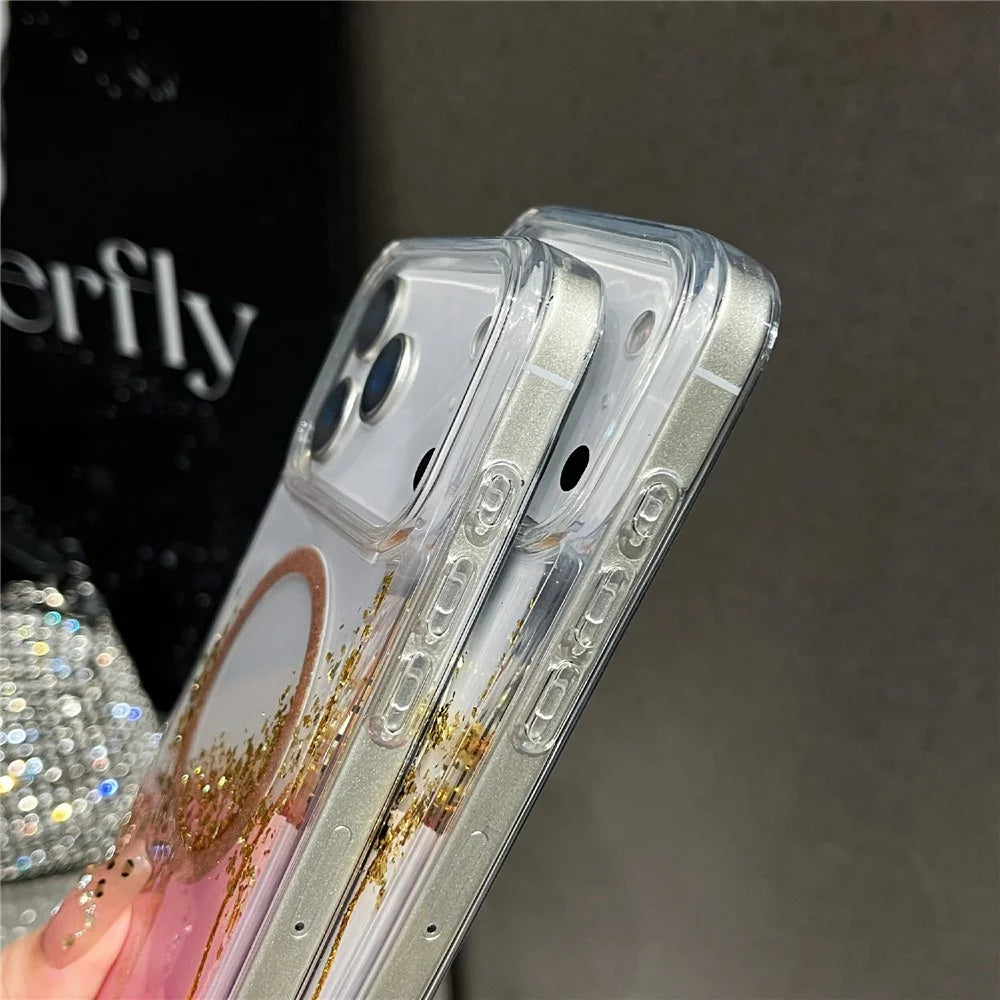 For iPhone 17 Pro Max Magnetic Case Compatible with MagSafe Gold Foil Glitter 2.5mm Epoxy TPU Phone Cover - Green - 5