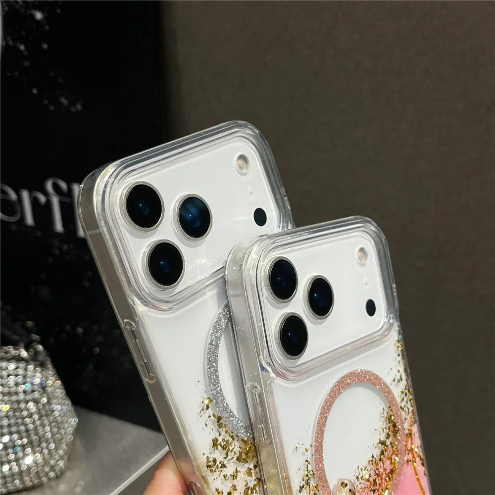 For iPhone 17 Pro Max Magnetic Case Compatible with MagSafe Gold Foil Glitter 2.5mm Epoxy TPU Phone Cover - Green - 6