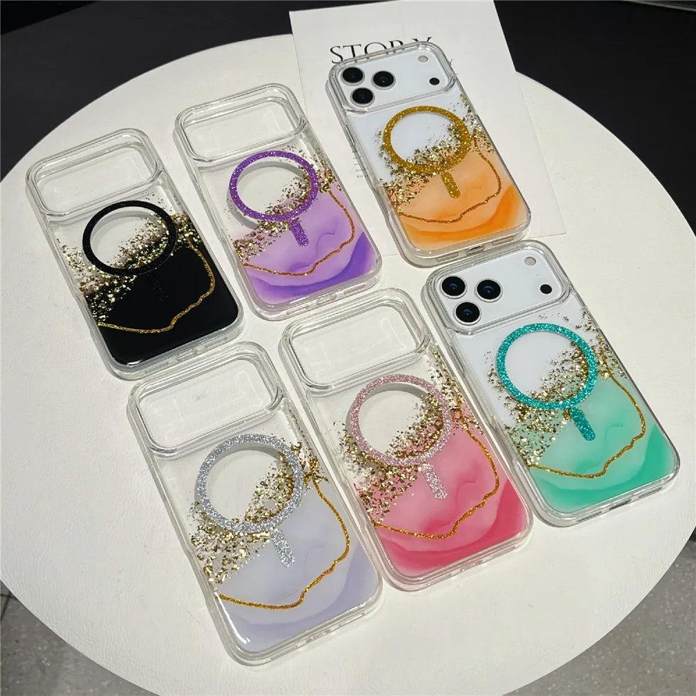For iPhone 17 Pro Max Magnetic Case Compatible with MagSafe Gold Foil Glitter 2.5mm Epoxy TPU Phone Cover - Green - 7