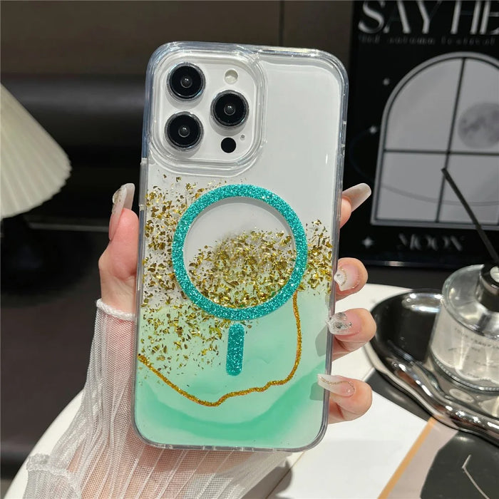 For iPhone 16 Pro Max Magnetic Case Compatible with MagSafe Gold Foil Glitter 2.5mm Epoxy TPU Phone Cover - Green - 1