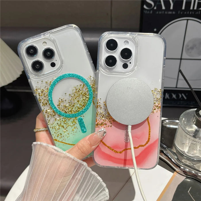For iPhone 16 Pro Max Magnetic Case Compatible with MagSafe Gold Foil Glitter 2.5mm Epoxy TPU Phone Cover - Green - 2