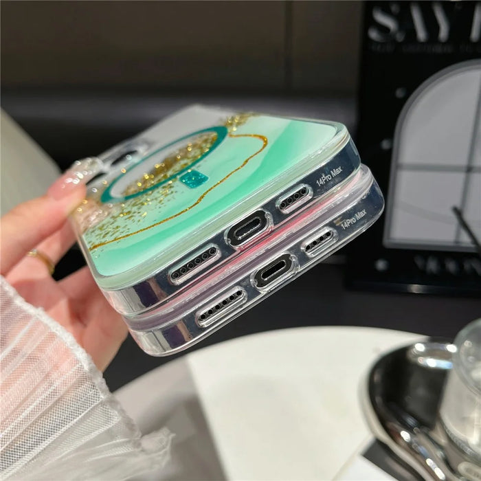For iPhone 16 Pro Max Magnetic Case Compatible with MagSafe Gold Foil Glitter 2.5mm Epoxy TPU Phone Cover - Green - 4