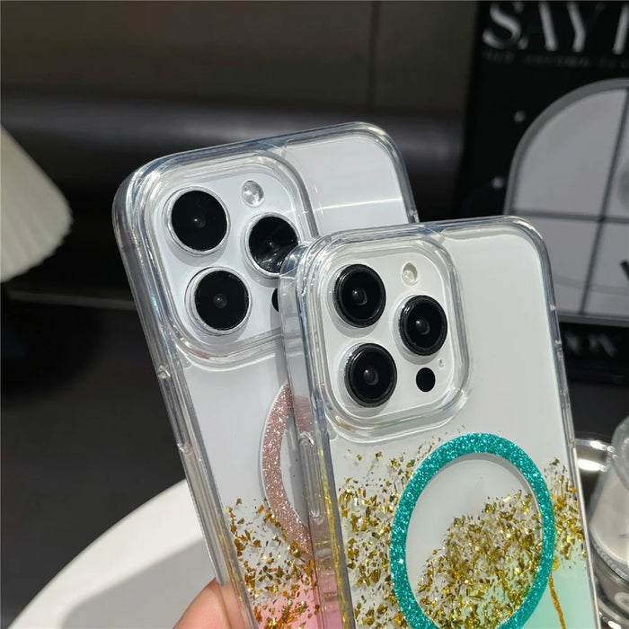 For iPhone 16 Pro Max Magnetic Case Compatible with MagSafe Gold Foil Glitter 2.5mm Epoxy TPU Phone Cover - Green - 6