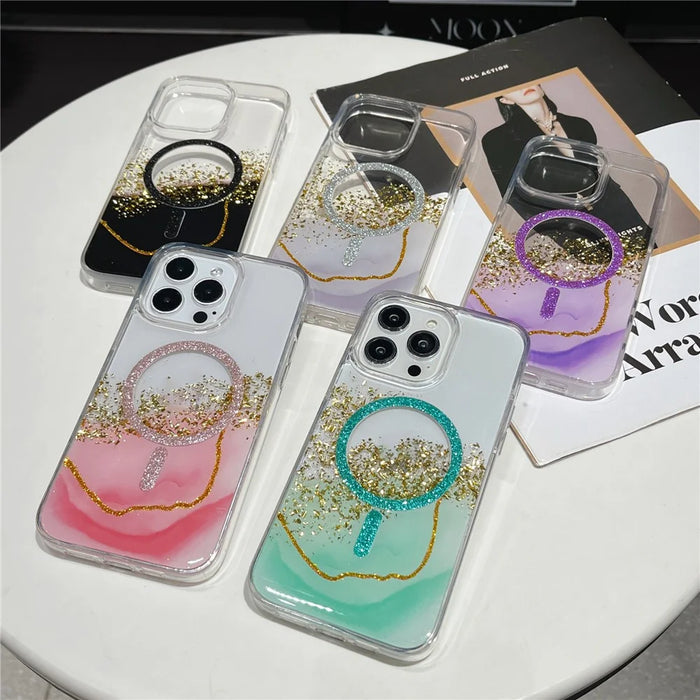 For iPhone 16 Pro Max Magnetic Case Compatible with MagSafe Gold Foil Glitter 2.5mm Epoxy TPU Phone Cover - Green - 7