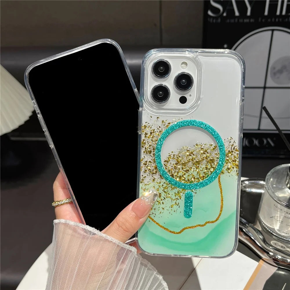 For iPhone 16 Pro Magnetic Case Compatible with MagSafe Gold Foil Glitter 2.5mm Epoxy TPU Phone Cover - Green - 3