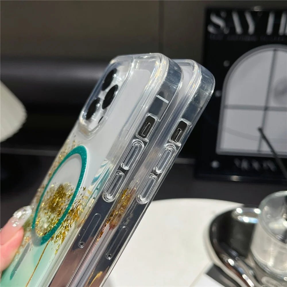 For iPhone 16 Pro Magnetic Case Compatible with MagSafe Gold Foil Glitter 2.5mm Epoxy TPU Phone Cover - Green - 5