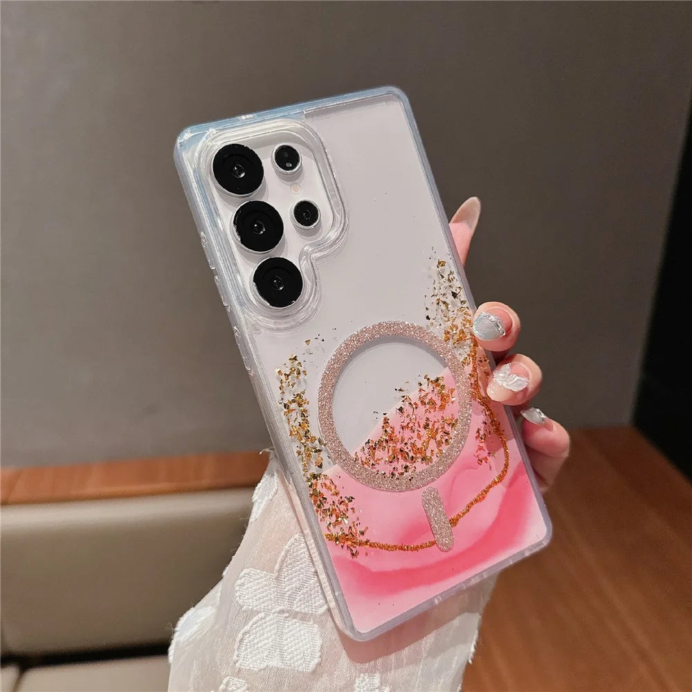 For Samsung Galaxy S25 Ultra Magnetic Case Gold Foil Glitter 2.5mm Epoxy TPU Phone Cover - Red - 2