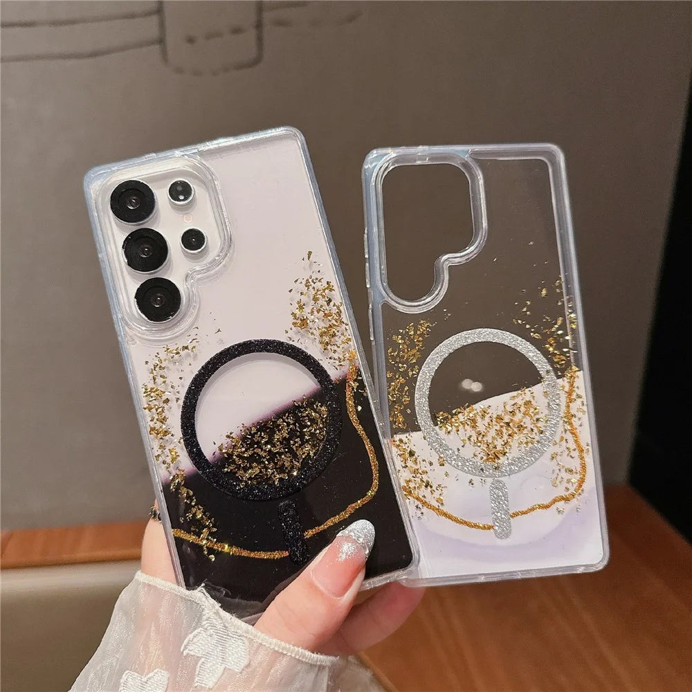 For Samsung Galaxy S25 Ultra Magnetic Case Gold Foil Glitter 2.5mm Epoxy TPU Phone Cover - Red - 3