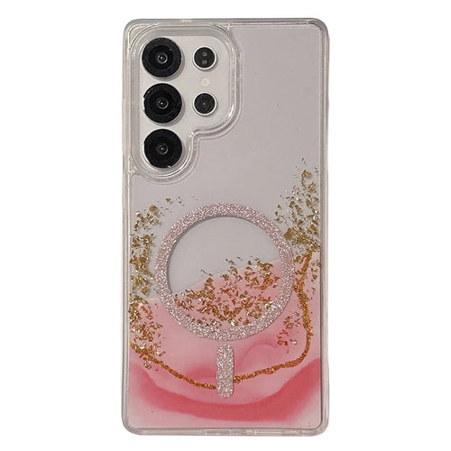For Samsung Galaxy S24 Ultra Magnetic Case Gold Foil Glitter 2.5mm Epoxy TPU Phone Cover - Red - 1