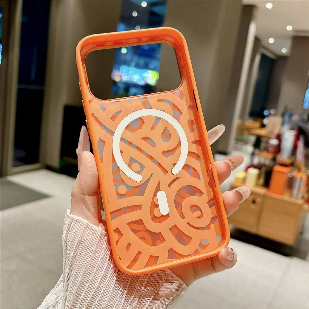 For iPhone 17 Pro Max Magnetic Case Compatible with MagSafe TPU PC Graffiti Phone Cover - Orange - 6