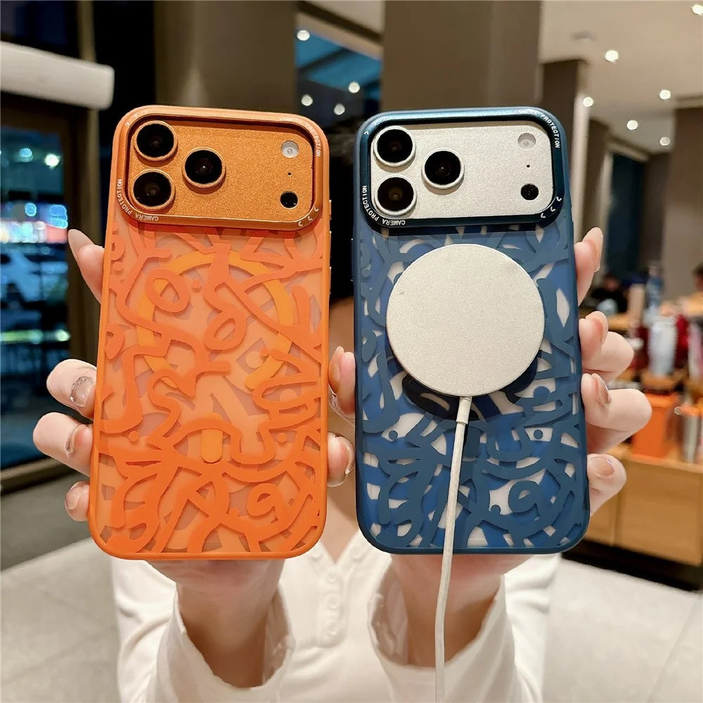 For iPhone 17 Pro Magnetic Case Compatible with MagSafe TPU PC Graffiti Phone Cover - Orange - 4