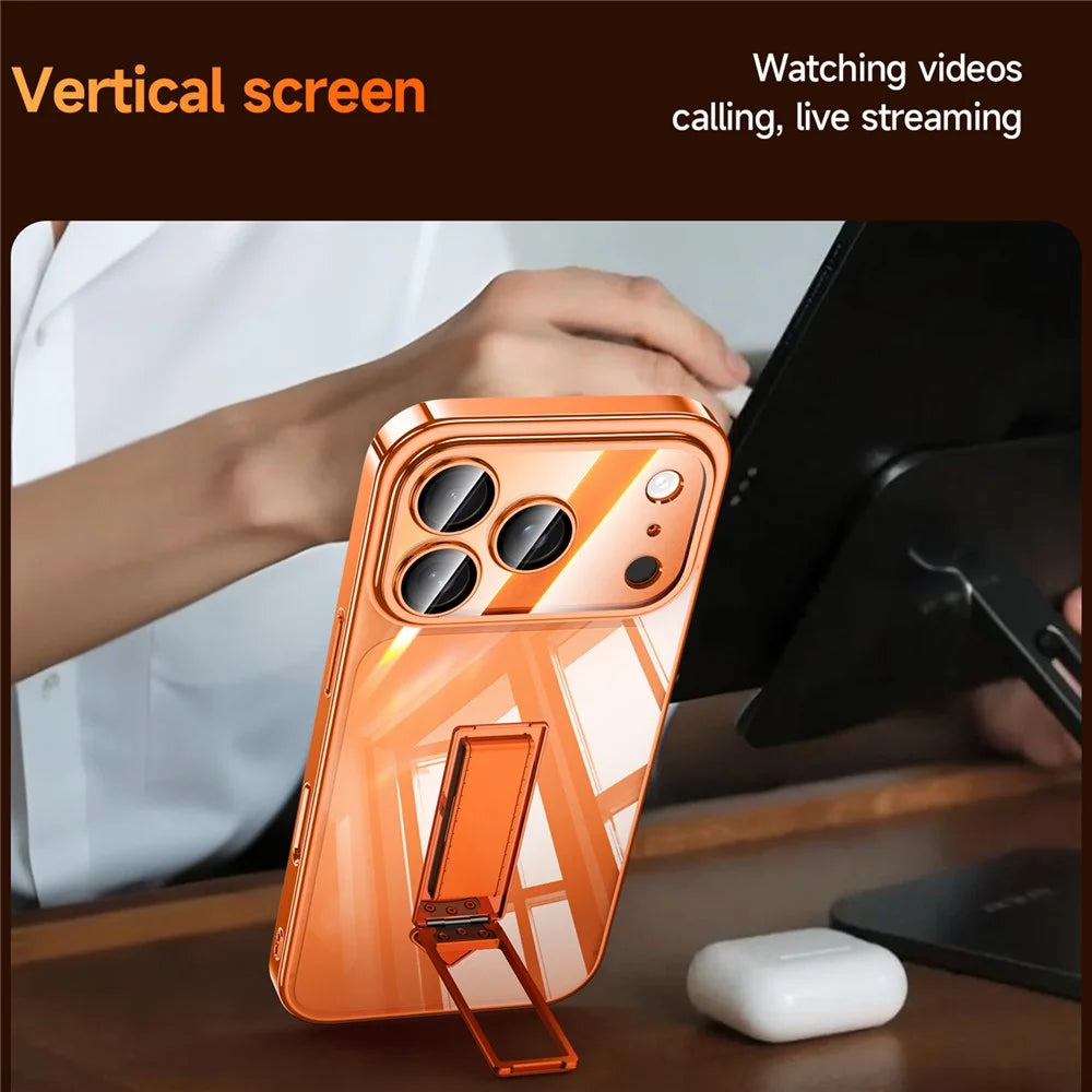 SULADA For iPhone 17 Pro Max Case Ultra Thin Electroplated PC Phone Cover with Wristband Kickstand and Lens Film - Orange - 3