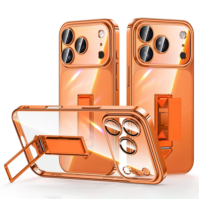 SULADA For iPhone 17 Pro Case Ultra Thin Electroplated PC Phone Cover with Wristband Kickstand and Lens Film - Orange - 1