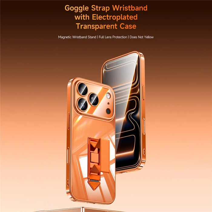 SULADA For iPhone 17 Pro Case Ultra Thin Electroplated PC Phone Cover with Wristband Kickstand and Lens Film - Orange - 2