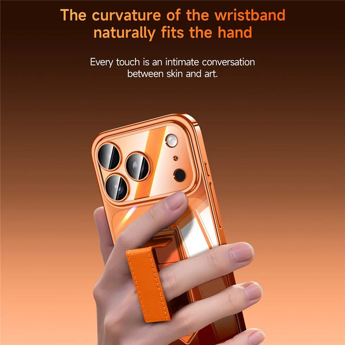 SULADA For iPhone 17 Pro Case Ultra Thin Electroplated PC Phone Cover with Wristband Kickstand and Lens Film - Orange - 5