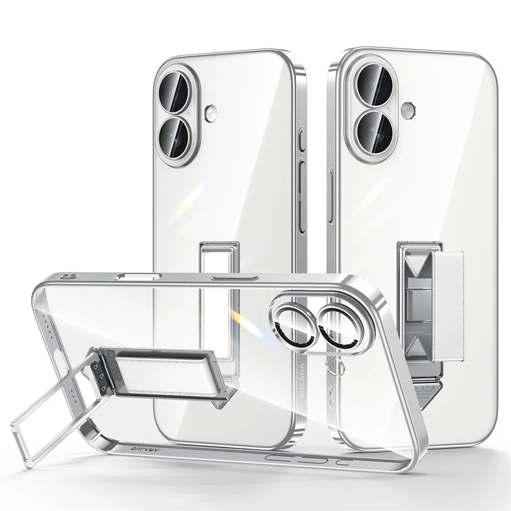 SULADA For iPhone 17 Case Ultra Thin Electroplated PC Phone Cover with Wristband Kickstand and Lens Film - 1