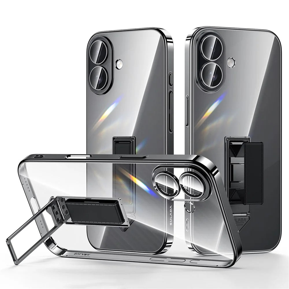 SULADA For iPhone 16 Case Ultra Thin Electroplated PC Phone Cover with Wristband Kickstand and Lens Film - Black - 1