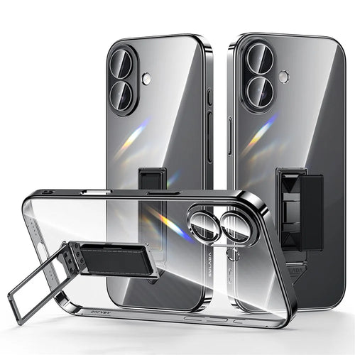 SULADA For iPhone 16 Case Ultra Thin Electroplated PC Phone Cover with Wristband Kickstand and Lens Film - Black - 1