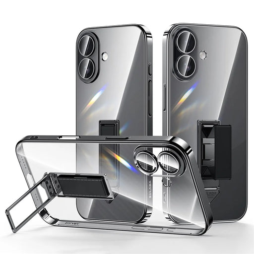 SULADA For iPhone 16 Case Ultra Thin Electroplated PC Phone Cover with Wristband Kickstand and Lens Film - Black - 1