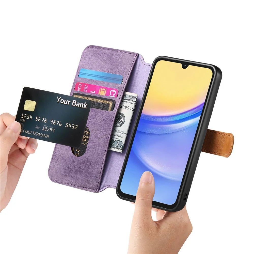For Samsung Galaxy A08 5G / A08 4G / A07 4G Case Wallet Retro Leather Phone Cover with Wristband Kickstand - Purple - 3