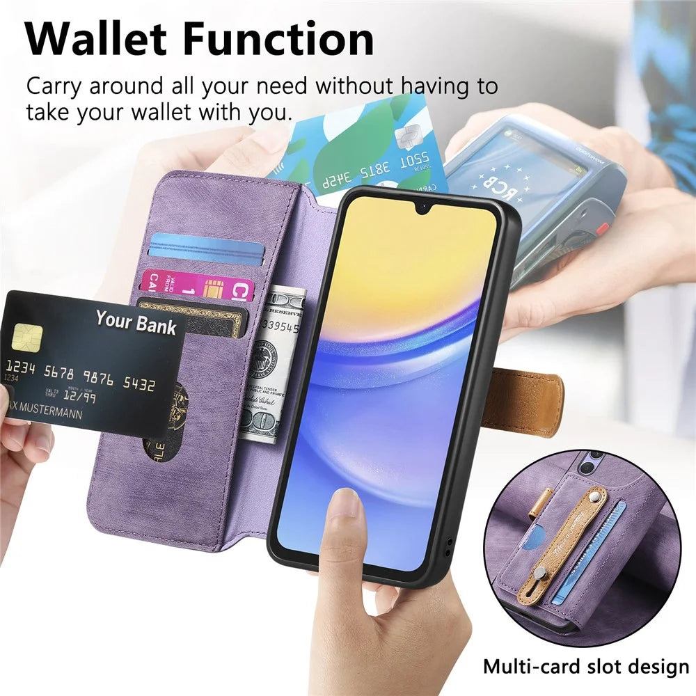 For Samsung Galaxy A08 5G / A08 4G / A07 4G Case Wallet Retro Leather Phone Cover with Wristband Kickstand - Purple - 6