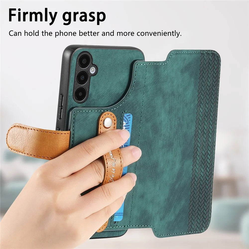 For Samsung Galaxy S25 FE Case Wallet Retro Leather Phone Cover with Wristband Kickstand - Green - 7