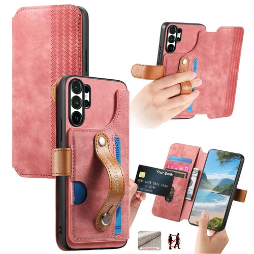 For Samsung Galaxy S25 Ultra Case Wallet Retro Leather Phone Cover with Wristband Kickstand - Pink - 1