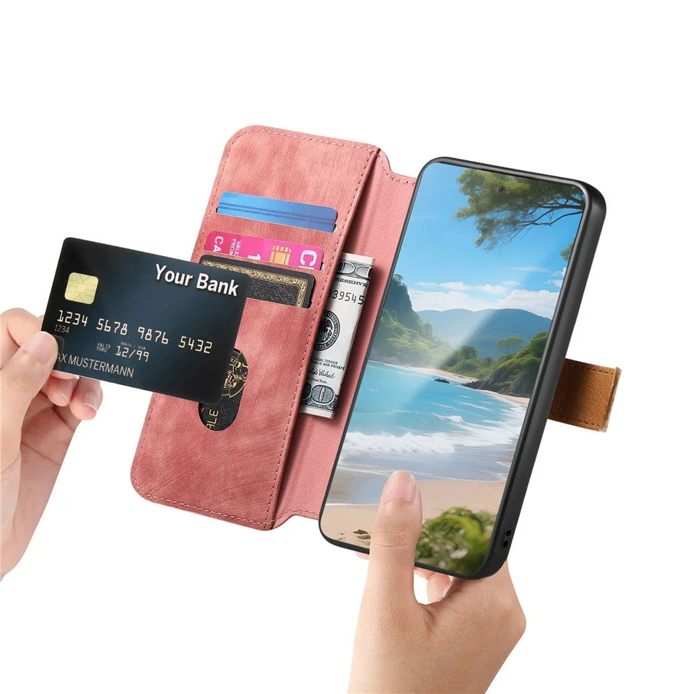For Samsung Galaxy S25 Ultra Case Wallet Retro Leather Phone Cover with Wristband Kickstand - Pink - 3