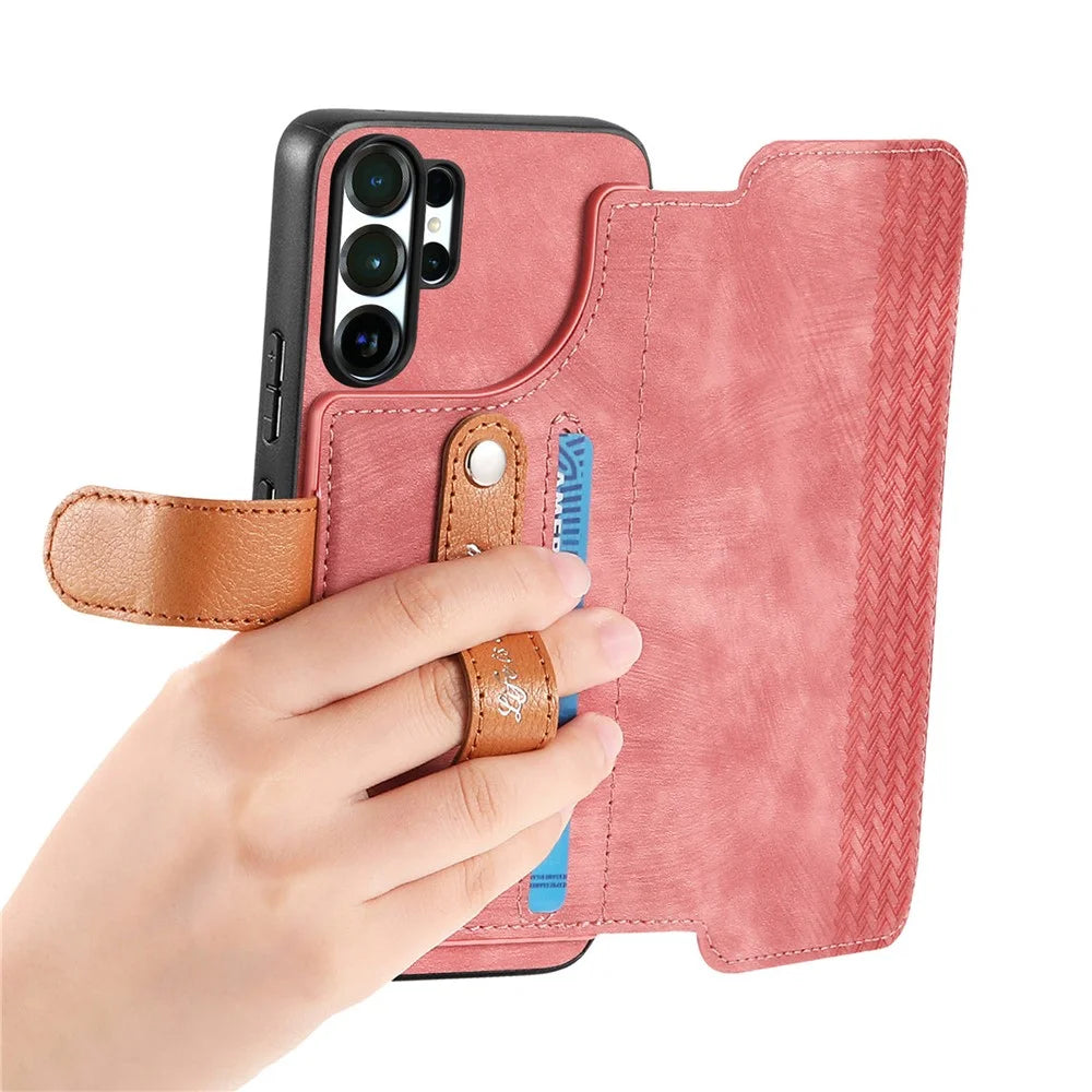 For Samsung Galaxy S25 Ultra Case Wallet Retro Leather Phone Cover with Wristband Kickstand - Pink - 4