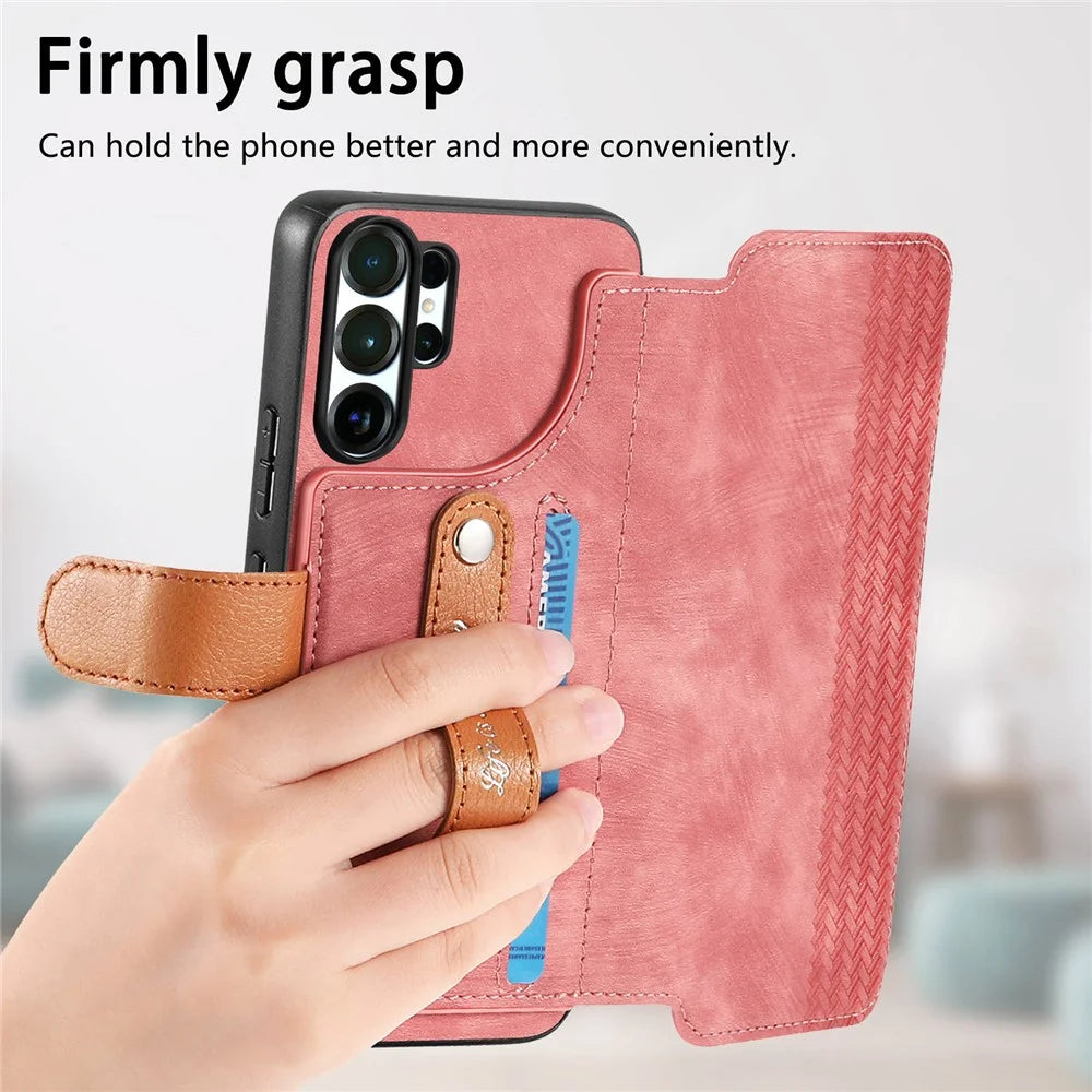 For Samsung Galaxy S25 Ultra Case Wallet Retro Leather Phone Cover with Wristband Kickstand - Pink - 7