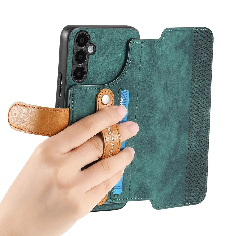 For Samsung Galaxy S26+ Case Wallet Retro Leather Phone Cover with Wristband Kickstand - Green - 4