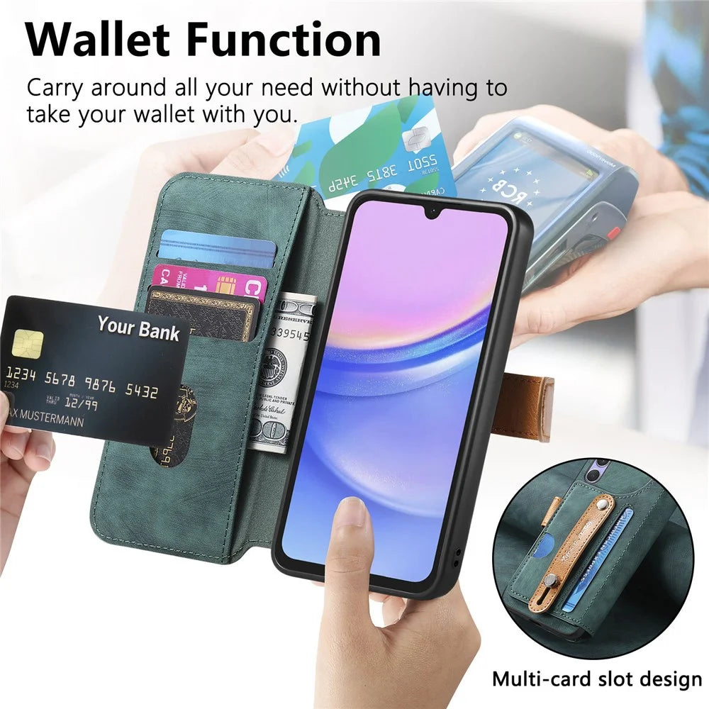 For Samsung Galaxy S26+ Case Wallet Retro Leather Phone Cover with Wristband Kickstand - Green - 6