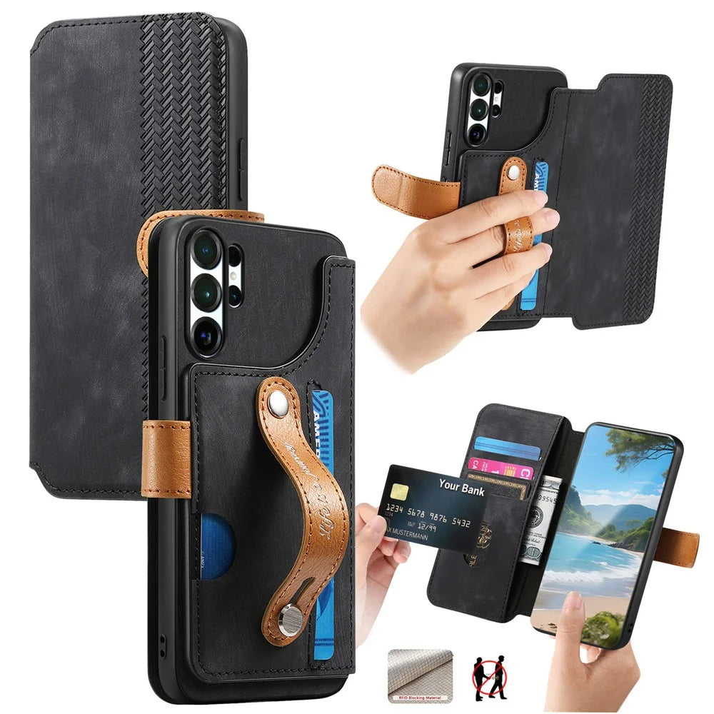 For Samsung Galaxy S26 Ultra Case Wallet Retro Leather Phone Cover with Wristband Kickstand - Black - 1