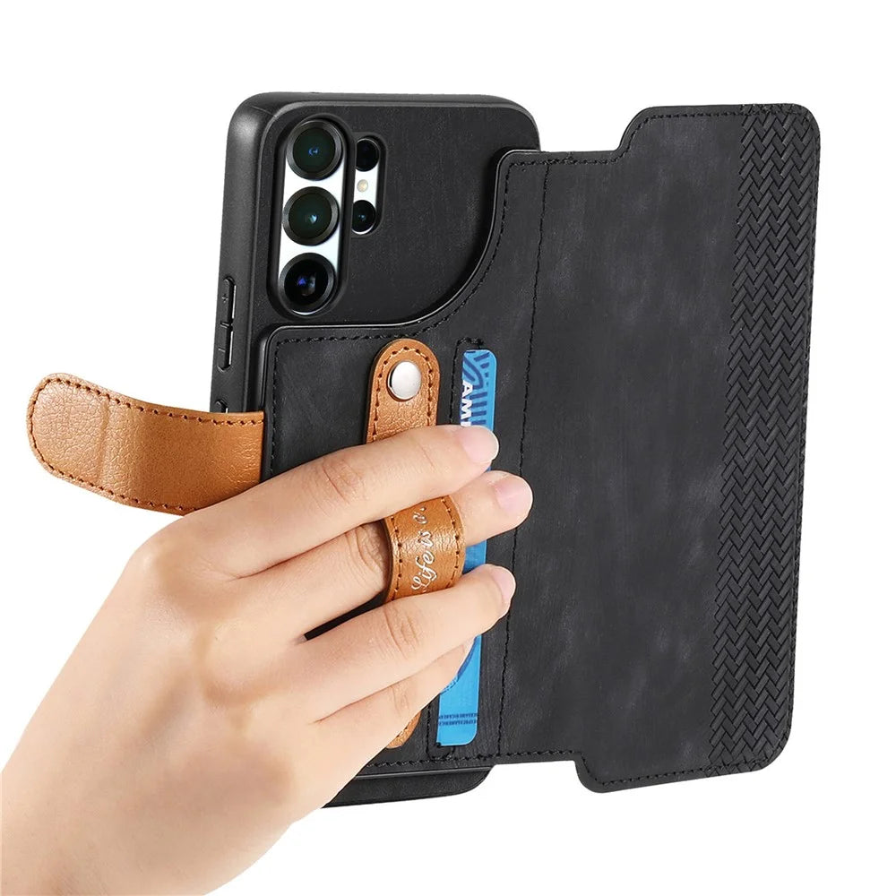 For Samsung Galaxy S26 Ultra Case Wallet Retro Leather Phone Cover with Wristband Kickstand - Black - 4