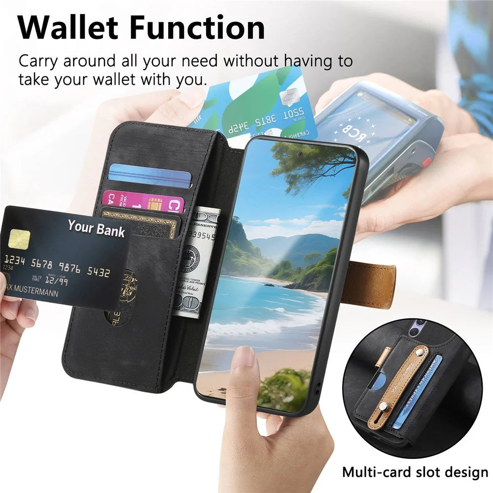For Samsung Galaxy S26 Ultra Case Wallet Retro Leather Phone Cover with Wristband Kickstand - Black - 6
