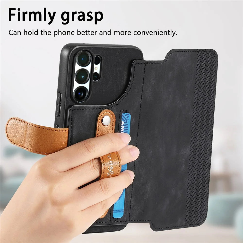 For Samsung Galaxy S26 Ultra Case Wallet Retro Leather Phone Cover with Wristband Kickstand - Black - 7