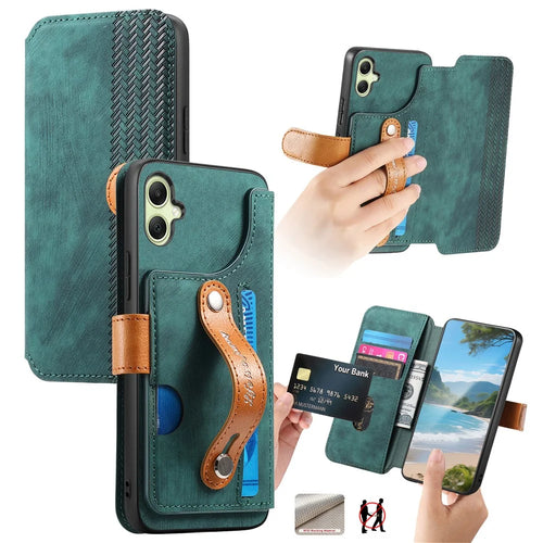 For Samsung Galaxy A06 4G Case Wallet Retro Leather Phone Cover with Wristband Kickstand - Green - 1