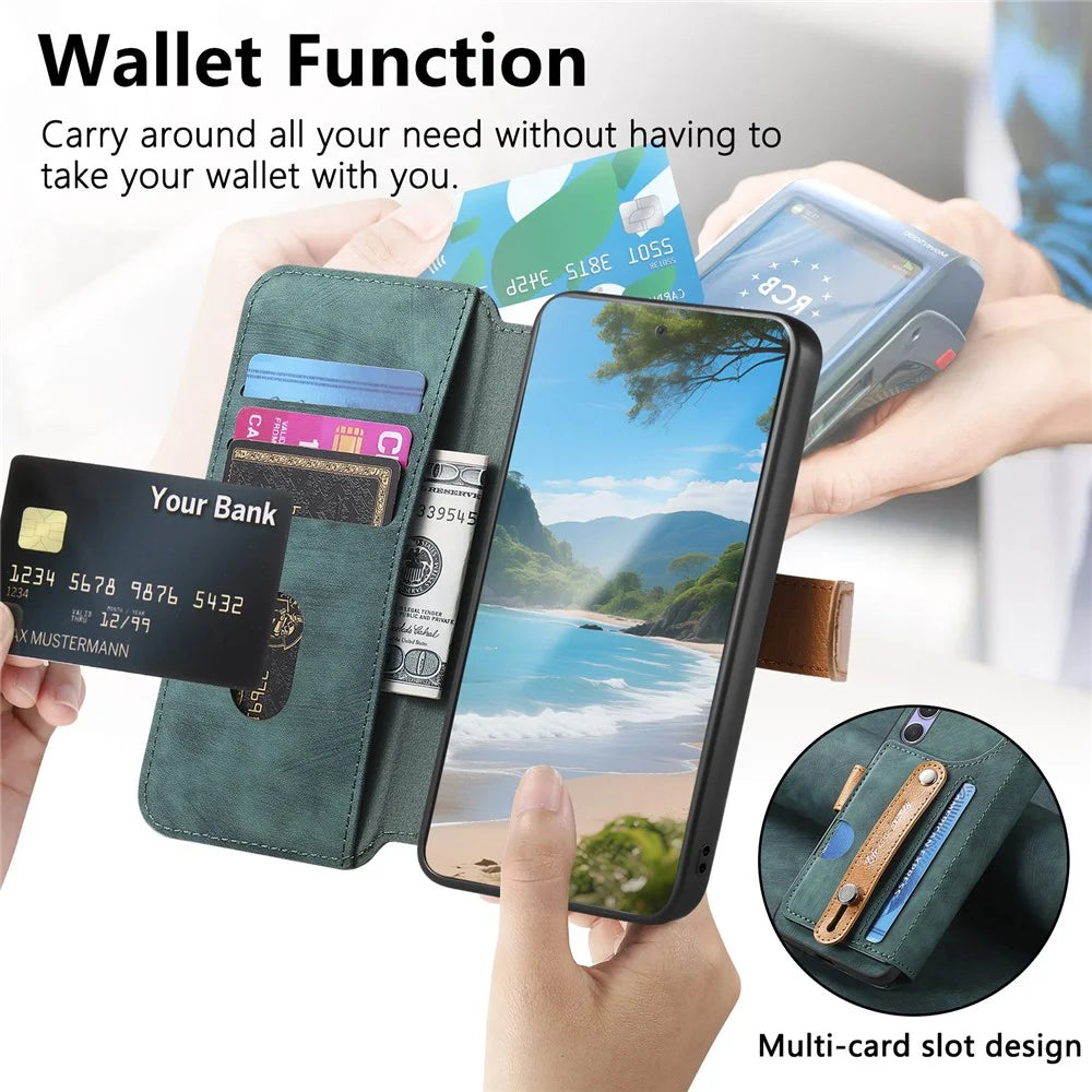 For Samsung Galaxy A06 4G Case Wallet Retro Leather Phone Cover with Wristband Kickstand - Green - 6