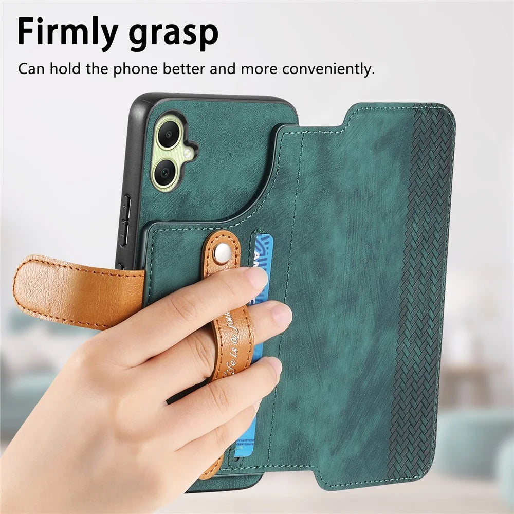 For Samsung Galaxy A06 4G Case Wallet Retro Leather Phone Cover with Wristband Kickstand - Green - 7