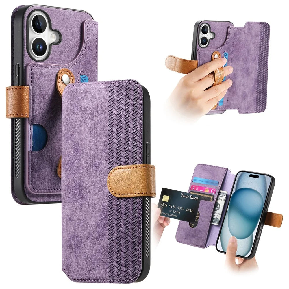 For iPhone 16 Case Wallet Retro Leather Phone Cover with Wristband Kickstand - Purple - 1