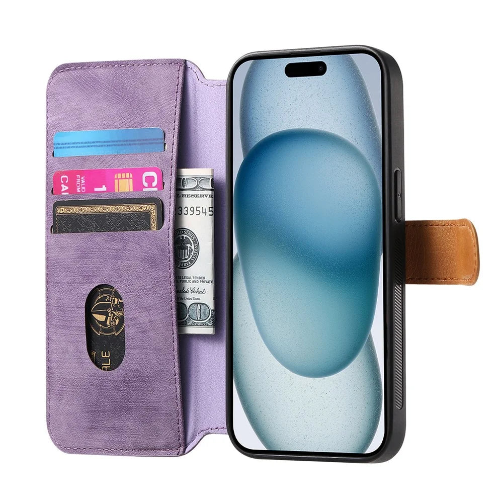 For iPhone 16 Case Wallet Retro Leather Phone Cover with Wristband Kickstand - Purple - 2